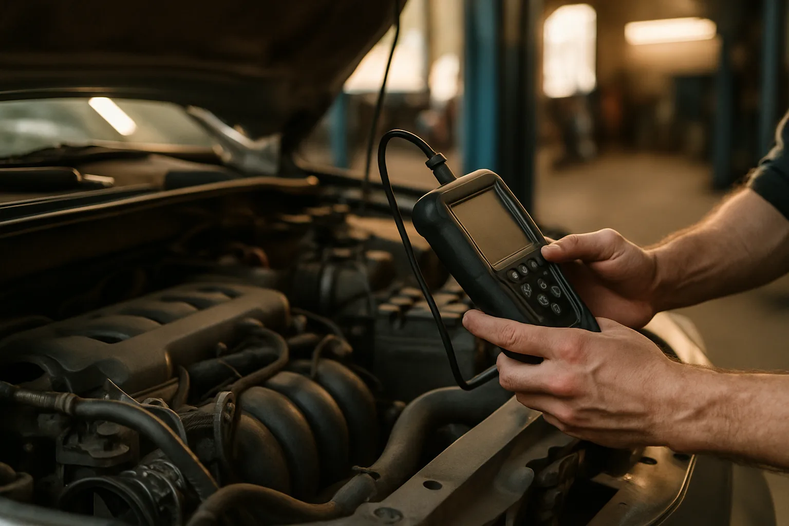 Engine diagnostics in progress with handheld scanner equipment