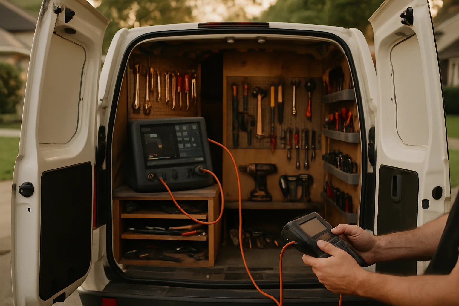 Mobile service vehicle with rear doors open displaying diagnostic and repair tools
