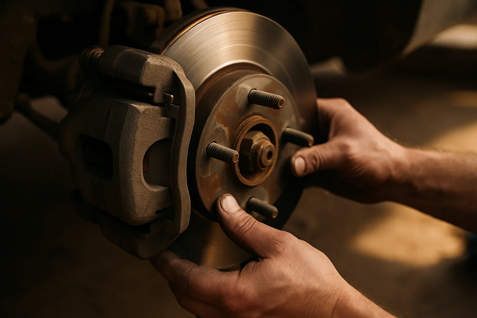 Close detail of brake components during maintenance service